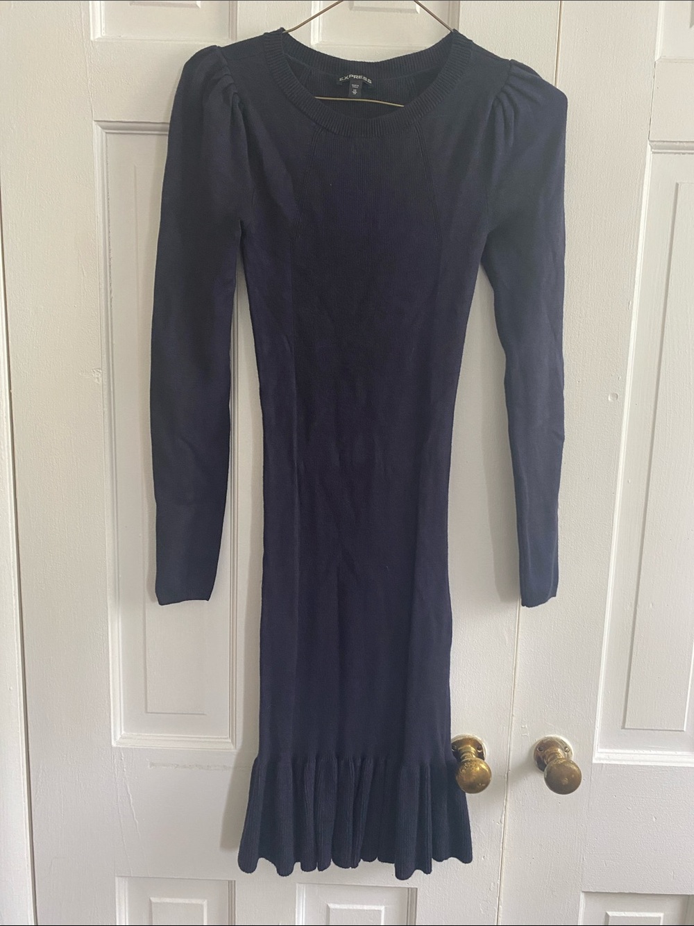 Express Navy Long-Sleeve Ribbed Dress with Ruffle Hem